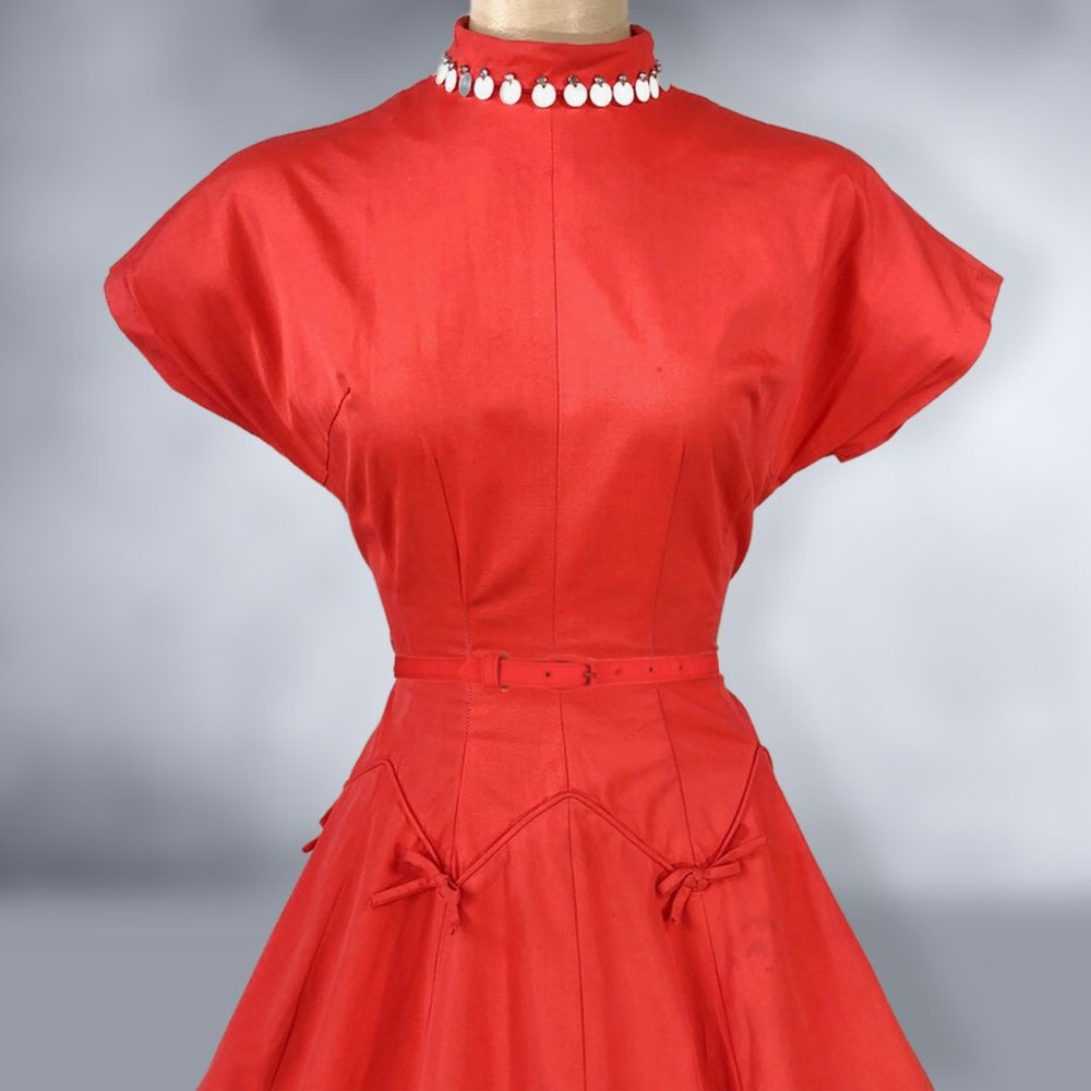 VINTAGE 50s Vibrant Red Full Sweep New Look Party Dress with Mother of Pearl VFG - Picture 3 of 11